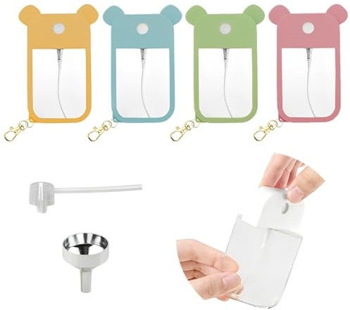 MSLSOZ 4-Pack Reusable Portable 50ml Spray Bottles with Hooks & Silicone Sleeves, Refill Nozzle and Funnel for Hand Sanitizer & Fragrance Cosmetics Moisturizer (Empty Bottles, Twist-off Caps).