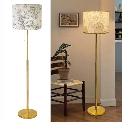 Lampadaire LED E27 avec abat-jour, interrupteur à pied et à tirette, réglable en hauteur, pour chambre à coucher, fleurs, tissu, abat-jour en métal, doré, lampe de lecture, sur pied