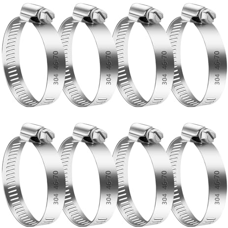 8 Pezzi Fascette Stringitubo Set, Fascetta Stringitubo Regolabile 46-70mm | Fascette Metalliche, Fascette a Vite in Acciaio Inox, per Lavatrice, Tubi Piscina, Giardino, Tubi Gas, Acqua, Auto