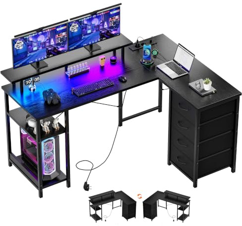 YOUDENOVA Scrivania con 4 Cassetti, 142x107 cm, Scrivania Angolare Reversibile con LED e Presa, Scrivania Gaming a L con Supporto per Monitor, Spazio di Archiviazione, per Home Office e Gamer, Nero