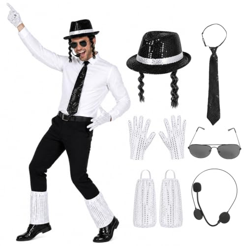 Applysu Popstar Kostüm für Herren Rocker Star Kostüm Set mit Hut Handschuh Headset Mikrofon Silberne Socken Sonnenbrille