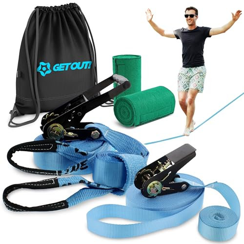 Get Out!™ Slackline Anfänger-Set für Kinder und Erwachsene - Classic Slackline mit Trainingsschnur Komplettset