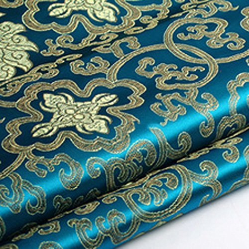 Brokatstoff mit Chinesischer Blumen-Stickerei, Seidiger Satin-Stoff,Verkauft per Meter (Blaugrünes Blau)