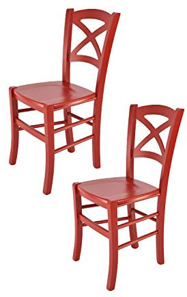 t m c s Tommychairs - 2er Set Stühle Cross für Küche und Esszimmer, robuste Struktur aus lackiertem Buchenholz im Farbton Rot und Sitzfläche aus lackiertem Holz in der Farbe Rot