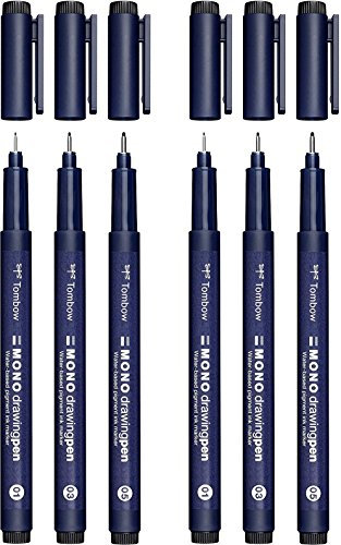 Tombow Fineliner Mono Drawing Pen, 3 Strichstärken, 6 Stück - Je 2 Stück 0.1-0.3 - 0.5