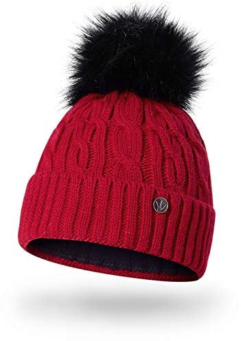 HEYO Damen Wintermütze mit Fleece Innenband H18527 | Slouch Beanie Winter Mütze | Warme Strickmütze mit Bommel | Bommelmütze (Rot)