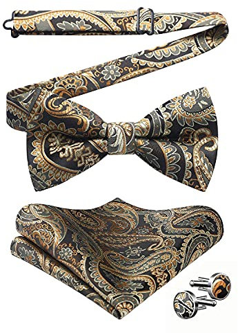 HISDERN Herren Paisley Gold braun Fliege und Einstecktuch mit Manschettenknöpfe Set, Schleife mit Haken - Bereits Gfebunden,Verstellbare Fliege,für Hochzeit Sfeier Weihnachten Halloween