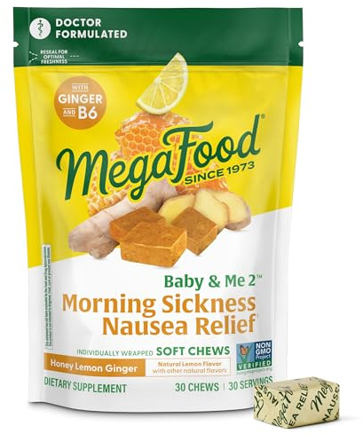 MegaFood Baby & Me Prenatal Morning Sickness Relief, Ginger Chews, with Vitamin B6, Made Without 9 Food Allergens, Honey Lemon Ginger Flavor, 30 Chews