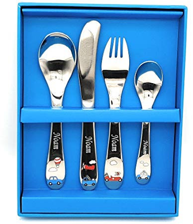Crisandecor Cubiertos Infantiles Acero Autos Personalizados. Grabados con Nombre. GRABACIÓN por Diamante