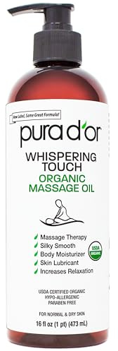 PURA D'OR 16 Oz Organic Massage Therapy Oil USDA Certified Body Moisturizer & Skin Lubricant for Aromatherapy & Relaxation, Silky & Softer Skin (Packaging May Vary)
