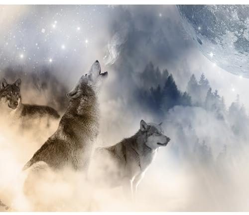decomonkey - Papier Peint Panoramique Animaux Loup 350x256 cm - Décoration murale moderne – Tapisserie décorative pour chambre salon - Abstraction arbres montagnes nature chiens loups animaux