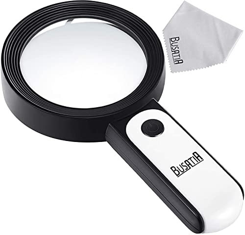 BUSATIA Loupe 30X, Grande Loupe avec 18 LED, Loupe de Poche Portatif, Loupe en Verre 100mm avec 3 Modes, Loupe Éclairé pour Lecture Loisirs - avec Un Chiffon à Lentille (Blanc + Noir)