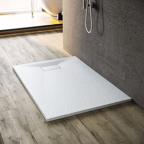 SONNI Receveur de douche 140 x 80 cm - Aspect ardoise et structure antidérapante - Blanc - Receveur de douche super plat avec siphon