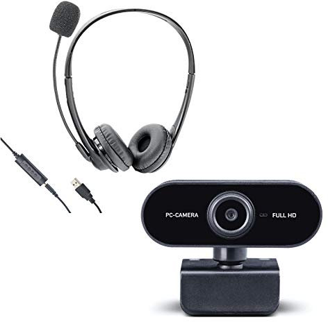 Midland W199 Webcam + HS03 PC Headset, 41670.S1, Bundle für Home Office für den idealen Einstieg in die Digitale Kommunikation, 1920 x 1080 Full HD, kompatibel mit jedem PC mit USB-Anschluss