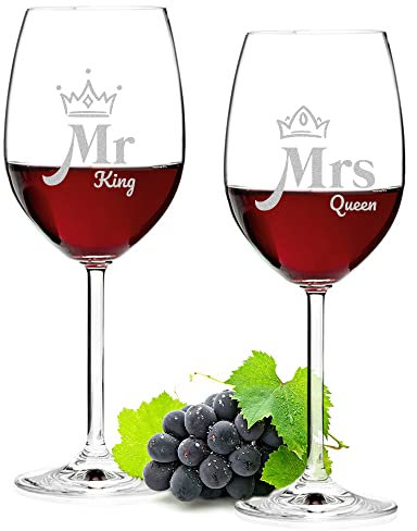 polar-effekt Leonardo Lot de 2 verres à vin avec gravure – Volume 460 ml – Verres à vin pour couple – Cadeau de mariage, anniversaire – Homme et femme – Verres à vin avec motif – Motif Mr. King et Mrs