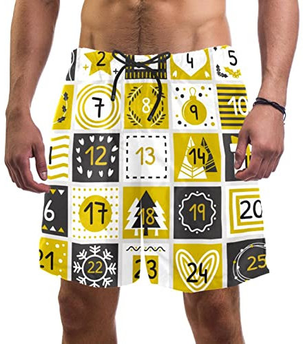 Nannma Weihnachts-Adventskalender, Gelb, Karomuster, Badehose, Badeanzug, Strand, Surfen, Shorts für Herren, L, mehrfarbig, XS/S