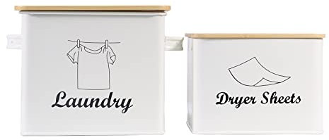 Xbopetda Set of Laundry Powder Bin & Dryer Sheets Holder, Laundry Detergent Powder Storage Box with Scoop, Wooden Lid & Handles, Metal Laundry Dryer Sheet Dispenser for Laundry Room Decor-White