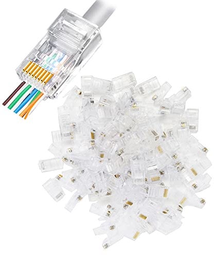 YIOVVOM RJ45 Cat6 Pass Through Connectors Gold Plated 8P8C Ends for Solid Wire and Standard Cable, Transparent 100-PACK