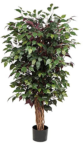Künstliche Pflanzen Groß Kunstpflanze Benjamini Ficus künstlich Kunstbaum Zimmerpflanze Deko mit Echtholzstamm für Büro Deco Schlafzimmer Esszimmer drinnen Deko draußen Grün Rot 123 cm