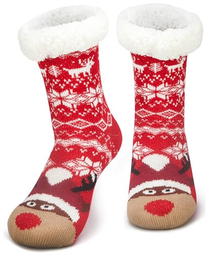 Tolumo Slipper-Socken für Damen und Herren, wärmeisolierend, flauschige Socke, Stricksocken, flauschige Bettpantoffeln, Einheitsgröße, rutschfest, Mütze Elch, Einheitsgröße