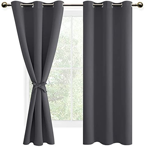 DWCN Vorhang Blickdicht mit Vorhang Raffhalter Verdunkelungsgardinen mit Ösen 2 Stücke Thermogardine, Blackout Curtain Verdunkelung Thermovorhang, Dunkelgrau, 183x117cm(HxB)