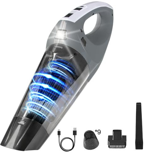 Hihhy Handstaubsauger, 12000Pa Kabellos Handstaubsauger Akku, Tragbarer Mini Staubsauger mit 120W Schnellladung, Handsauger mit LED-Licht für Auto, Haus, Tierhaare, Grau