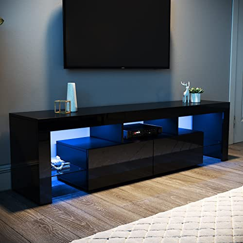 ELEGANT LED TV Unit 160cm High Gloss Modern TV Stand Cabinet with Ambient Lights for 32 40 43 50 52 55 60 62 inch 4k TV Living Room and Bedroom Furniture with Storage, Black