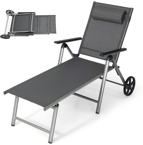 GOPLUS Sonnenliege mit Rollen, Gartenliege mit 7 Fach Verstellbarer Rückenlehne, Liegestuhl klappbar, Aluminium, Terrassenliege bis 150kg belastbar, inkl. Kopfstütze, Relaxliege Garten Balkon Pool