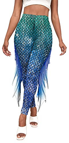 ORANDESIGNE Damen Meerjungfrau Leggings mit Flossen Hohe Taille Fischschuppen Strumpfhosen Halloween Karneval Kostüm Skinny Hose Mermaid Trousers Schuppenmuster Leggings A Grün L