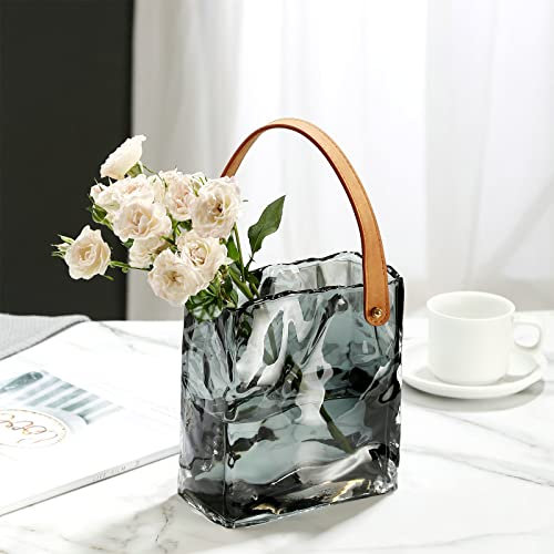 NLDGR Glas-Geldbörsenvase für Blumen, klare Glas-Tasche, Vase mit Fischschale, klare Glasvasen mit Griffen, flippige Vase, moderne Vasen für Heimdekoration, Dekoration [Grau S]