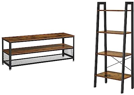 VASAGLE Industrial TV Stand for Screen Size up to 60 Inches, Lengthened TV Cabinet, Console, Coffee Table, for Living Room, Bedroom, Rustic Brown LTV50BX & Ladder Shelf, Bookshelf