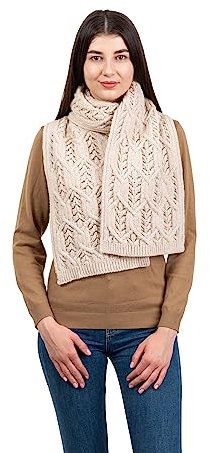 SAOL Aran Fisherman Leaf Schal für Damen, irische traditionelle Merinowolle, Schalldämpfer, hergestellt in Irland, Pastinakind, Einheitsgröße