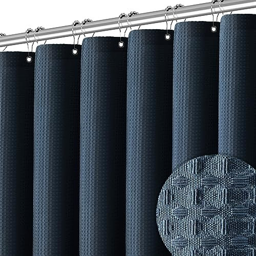 PANGSINNE Long rideau de douche bleu pour salle de bain à armure gaufrée 213 cm de long en tissu robuste - 256 g/m² - Rideau de douche de luxe imperméable avec 12 crochets - 183 x 243 cm (l x H) -