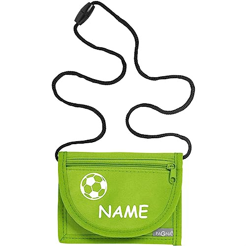 Kiwistar - Brustbeutel hellgrün - Fussball - 13 x 10 cm Geldbeutel zum umhängen - Geldbörse für Jungen & Mädchen mit Namen individuell personalisiert