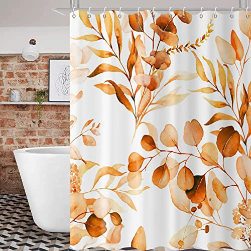 GCIREC Orange Eucalyptus Leaf Stall Shower Curtain, Orange Botanical Watercolor Plants Bathroom Curtain Bathtub Home Decor Waterproof Fabric Machine Washable mit 12 PCS Haken,180x200cm