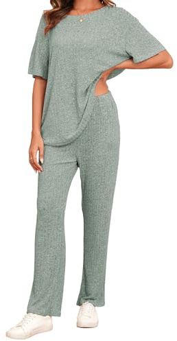 Famulily Schlafanzüge für Damen Sommer Kurzarm Loungewear Hausanzug Weites Bein Freizeitanzug Zweiteiler Set Outfit mit Taschen