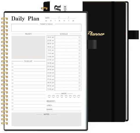 Tagesplaner, undatiert, To-Do-Liste, Notizbuch mit Stundenplan, spiralförmiger Terminplaner, Kalender für Männer/Frauen, flexibler Einband, Doppeldrahtbindung, elastischer Verschluss,