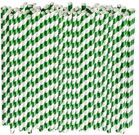 26 x 0,6cm Pailles de papier jetable extra longs extra - Stripe blanche verte, 100 chefs d'accusation, pour la fête, le mariage, l'anniversaire - 100% biodégradable