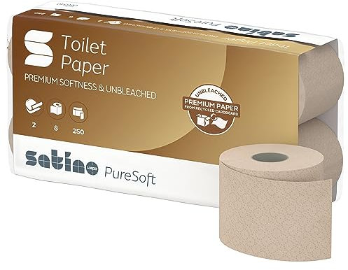 Satino PureSoft Toilettenpapier 2-lagig – extrem weich & äußerst umweltfreundlich dank 100% Recyclingpapier – Made in Germany – 100% recycelbar – Großpackung mit 64 Rollen – 250 Blatt je Klorolle