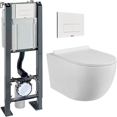 Pack Complet WC Sans Bride Bati Autoportant + Cuvette Suspendue Sans Bride + Plaque (Bâti chrono autoportant, Plaque blanche)