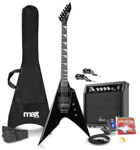 Max GigKit Wireless Electric Guitar Starter Pack - V-Style 24-Fret Guitar with 40W Amp, Wireless UHF System, Lessons & Essential Accessories for Beginner Electric Guitars - Gloss Black Finish