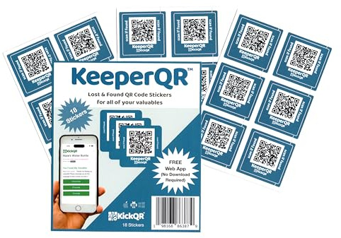 Lost and Found Labels | Smart QR Code Stickers for Valuables, Water Bottles, Tools, Laptops, Notebooks, Bikes, and More | KeeperQR | 18 Pack