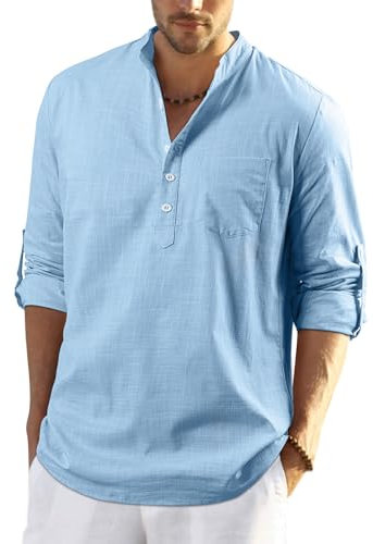 Enlision Mens Blue Cotton Linen Shirts Long Sleeve Shirt Button Down Collarless Shirts Lightweight Casual Plain Tops for Men L
