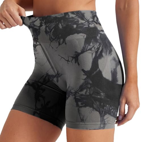 Friptspyg Kurze Sporthose Damen Sport Shorts High Waist Gym Shorts Stretch Yoga Pants Nahtlos Workout Sportshorts, Krawatte Gefärbt Grau S