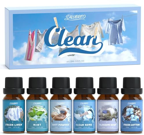 SALUBRITO Clean Essential Oils Set, Fresh Cotton, Clean Home, Fresh Linen, Soft Powder, Blossom Soap, Mint Scented Oils for for Diffuser, Candle, Soap Making, Premium Fragrance Oils, Diffuser Oil