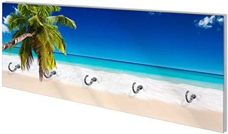 Wallario Wandgarderobe aus Glas in Größe 80 x 30 cm mit Memoboard-Funktion, Motiv: Südseestrand in der Karibik mit Palme | 5 Kleiderhaken zum Aufhängen von Jacken