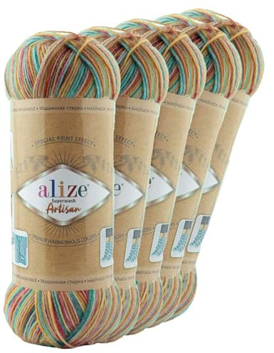 5 x 100g Sockenwolle Alize Superwash Artisan 75% Wolle Strickwolle Häkelgarn Farbwahl, Farbe:9012 Konfetti