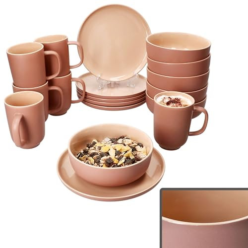Ritzenhoff & Breker Jasper 18tlg Frühstücksset Puder I Je 6X kleine Teller, Schalen 360ml & Kaffeebecher 250ml, Höhe 10,4cm für 6 Personen I Steingut-Geschirr für Frühstücks- & Kaffeezeit