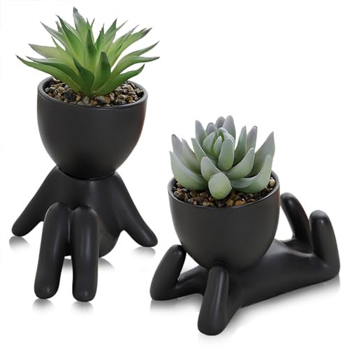 Duscdesp Artificial Potted Plant Cute Fake Succulent Plant Pot,Artificial Plants Indoor Succulents Plants Faux Plants for Home Office Bathroom Decor(2 BLACK)