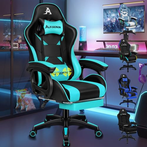 ALFORDSON Sedia Gaming, Gaming Chair con Massaggio a 2 Punti per Gioco, Sedia da Computer ergonomica con Cuscino Lombare, Altezza Regolabile, Ecopelle, Ciano